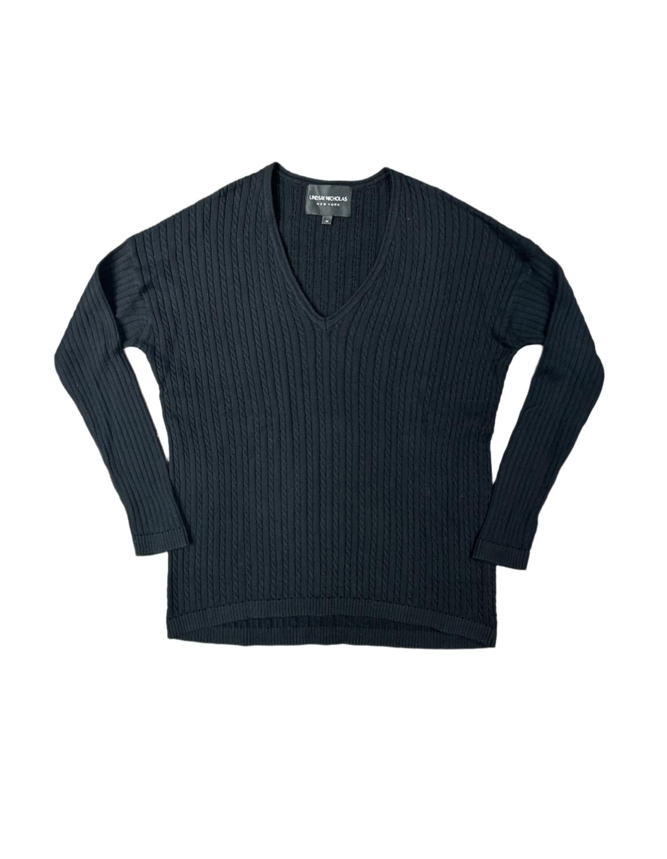 Lindsay Nicholas New York Sweaters V-Neck Cable Sweater in Black