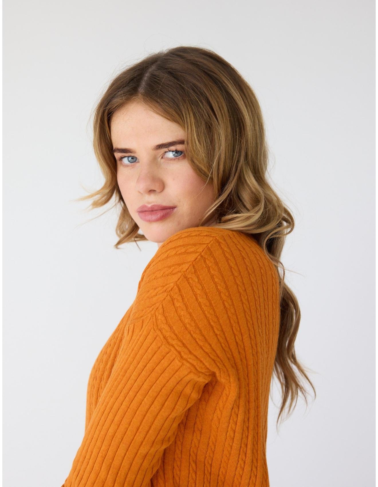 Lindsay Nicholas New York Sweaters V-Neck Cable Sweater in Orange