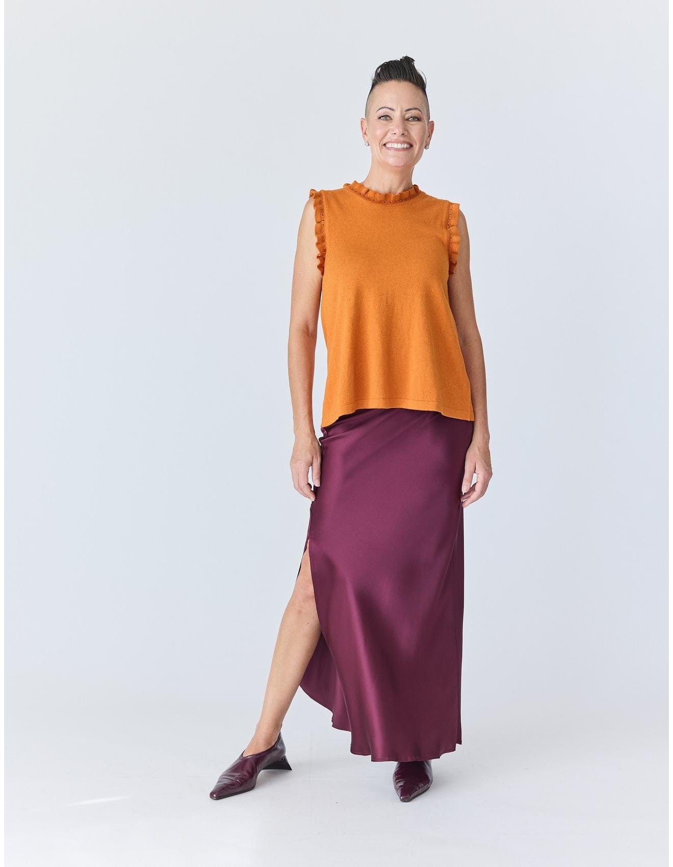 Lindsay Nicholas New York Top Frill Crewneck Shell in Orange