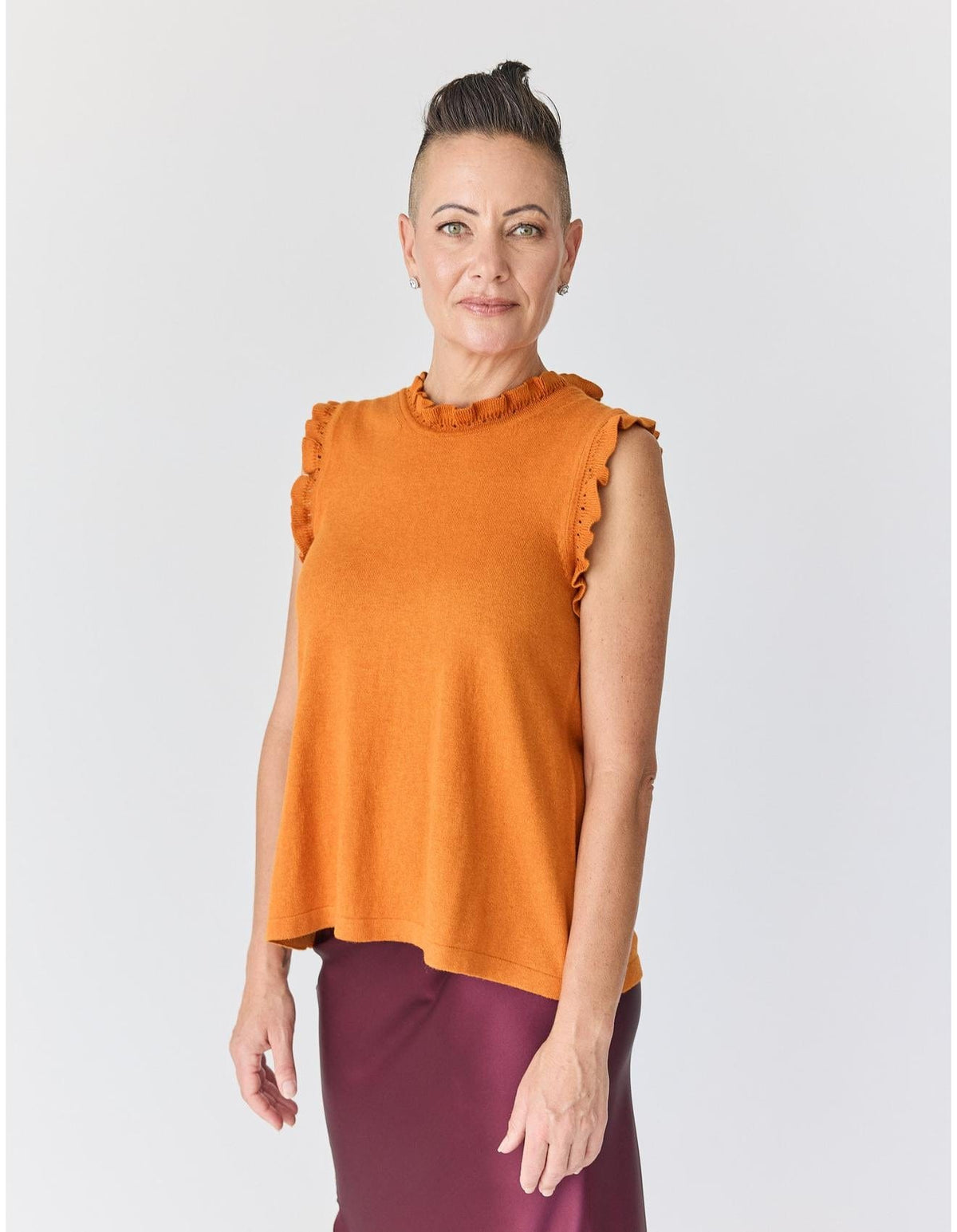Lindsay Nicholas New York Top Frill Crewneck Shell in Orange