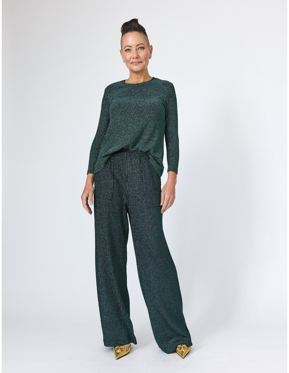 Lindsay Nicholas New York TOP Disco Glitter Bracelet Sleeve Top in Emerald