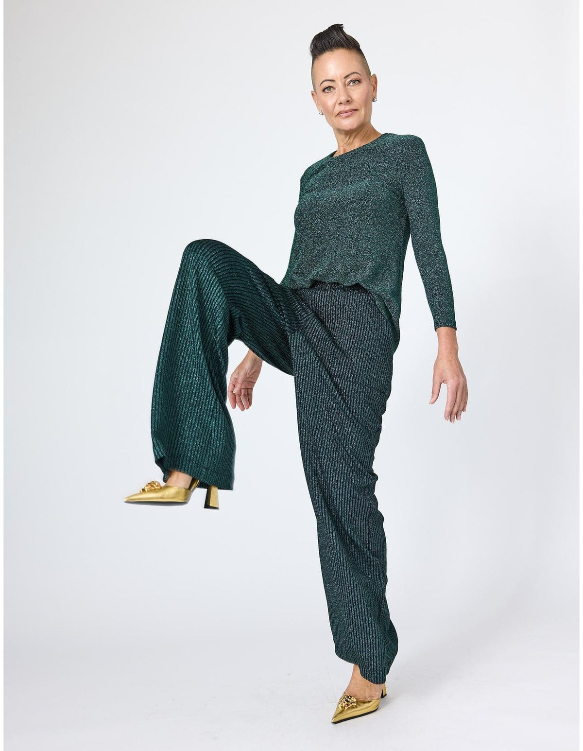 Lindsay Nicholas New York TOP Disco Glitter Bracelet Sleeve Top in Emerald