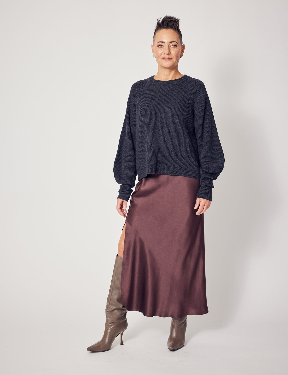 Lindsay Nicholas New York Sweaters Sculptured Sleeve Sweater in Light Grey