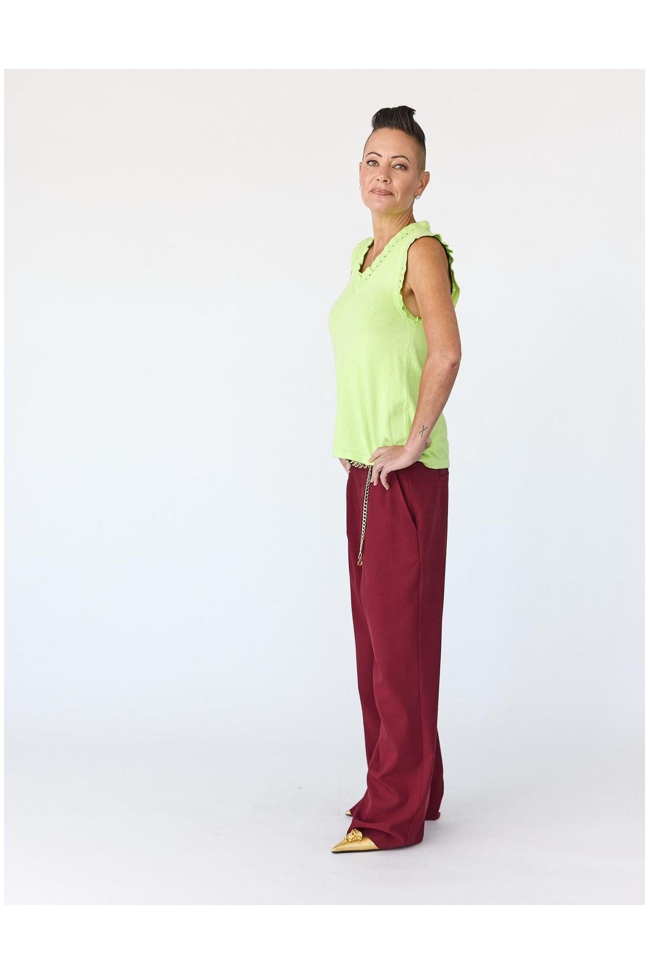 Lindsay Nicholas New York Top Frill V-Neck Shell in Lime