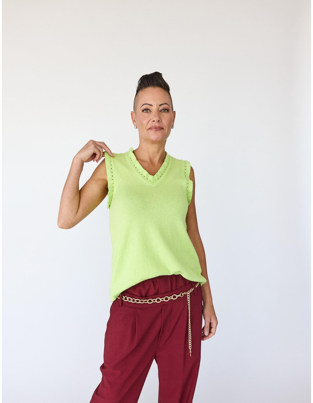 Lindsay Nicholas New York Top Frill V-Neck Shell in Lime