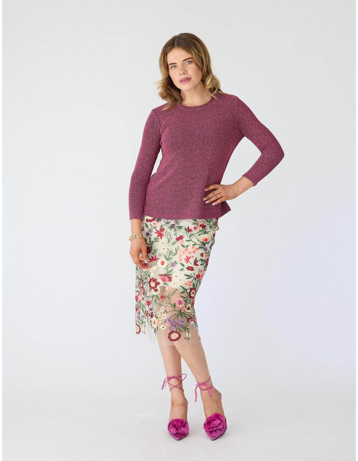 Lindsay Nicholas New York TOP Disco Glitter Bracelet Sleeve Top in Pink