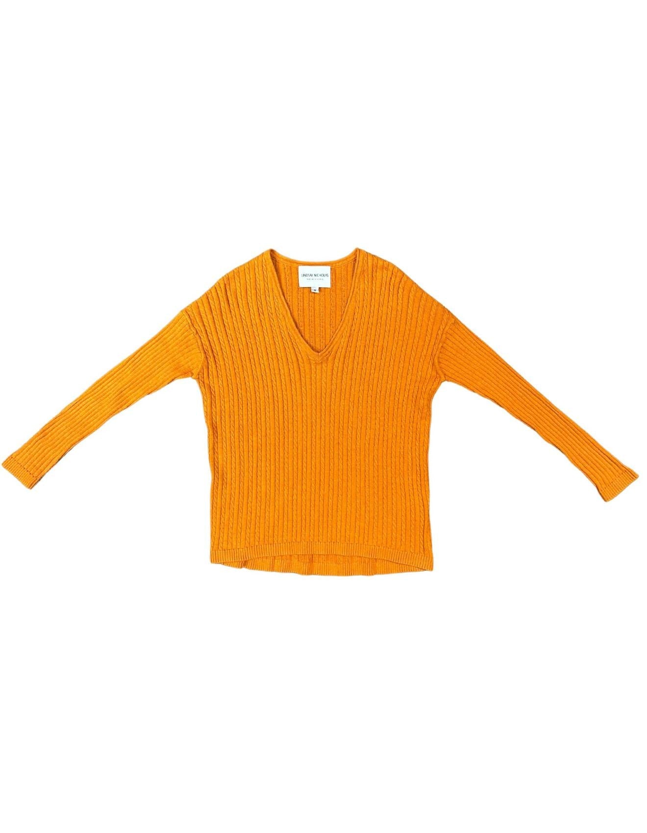 Lindsay Nicholas New York Sweaters V-Neck Cable Sweater in Orange
