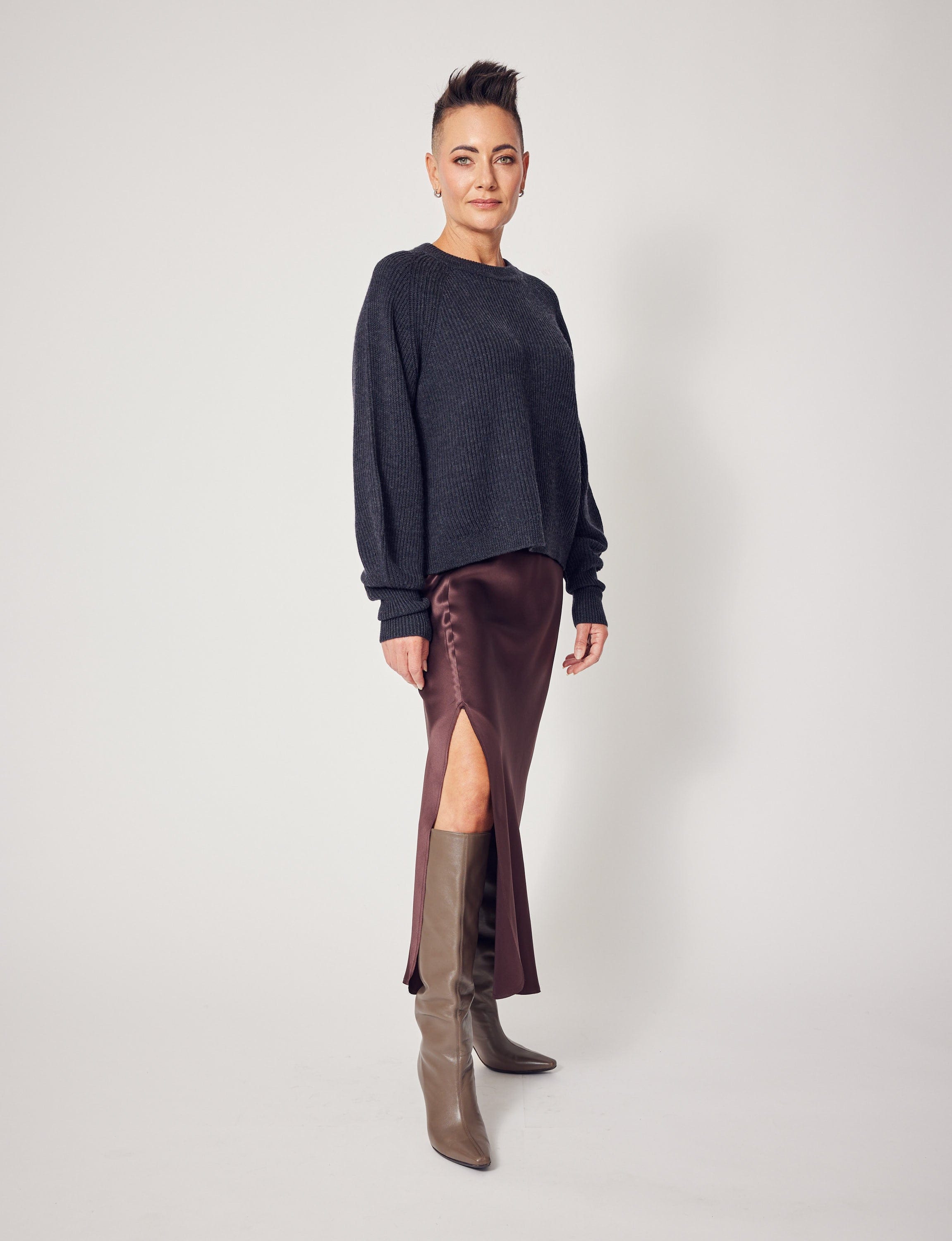 Lindsay Nicholas New York Maxi Skirt Silk Slit Skirt In Chocolate