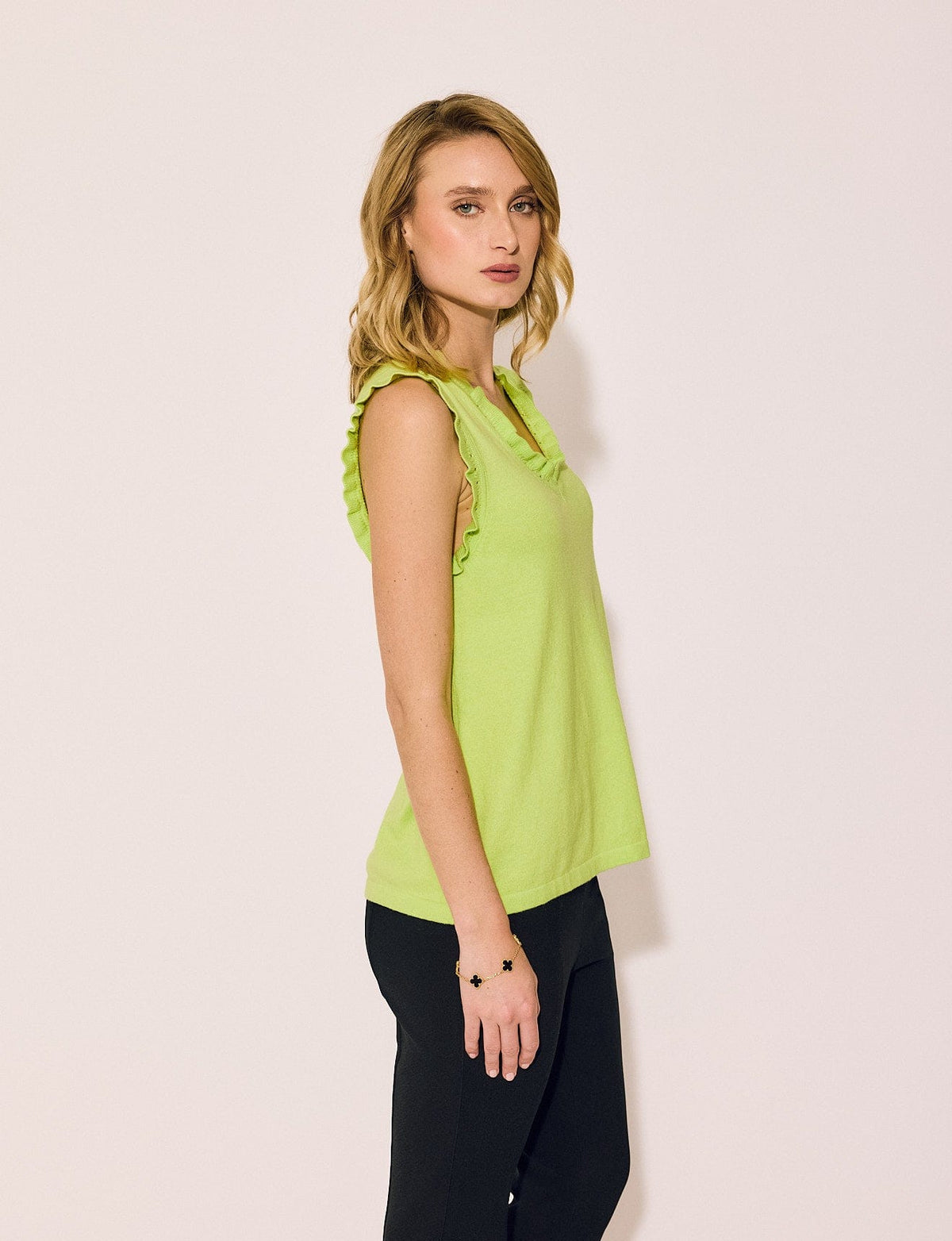 Lindsay Nicholas New York Top Frill V-Neck Shell in Lime