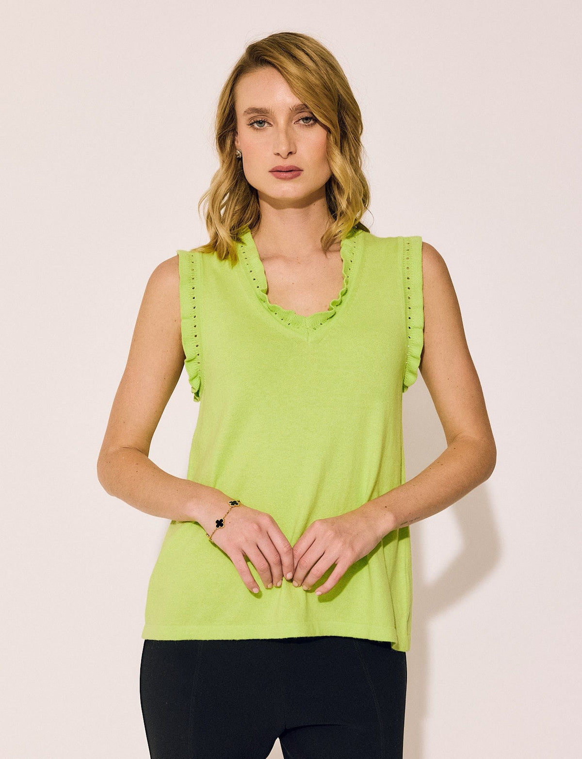 Lindsay Nicholas New York Top Frill V-Neck Shell in Lime