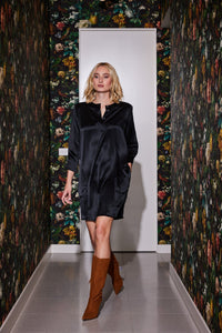Lindsay Nicholas New York DRESS Shirt Dress in Black Silk Satin