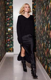Lindsay Nicholas New York Maxi Skirt Silk Slit Skirt in Black