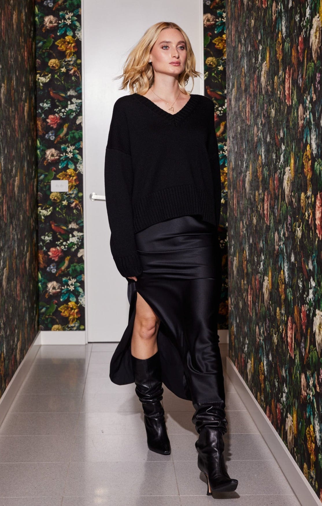 Lindsay Nicholas New York Maxi Skirt Silk Slit Skirt in Black