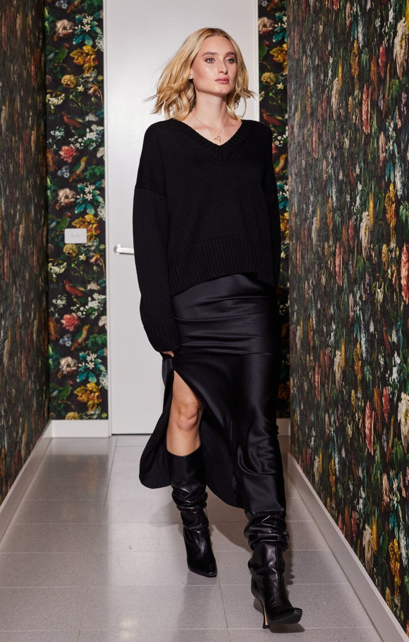 Lindsay Nicholas New York Maxi Skirt Silk Slit Skirt in Black