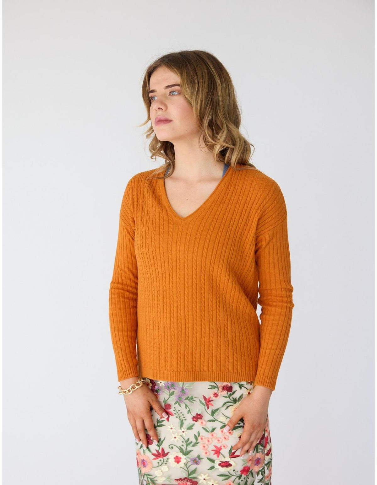 Lindsay Nicholas New York Sweaters V-Neck Cable Sweater in Orange