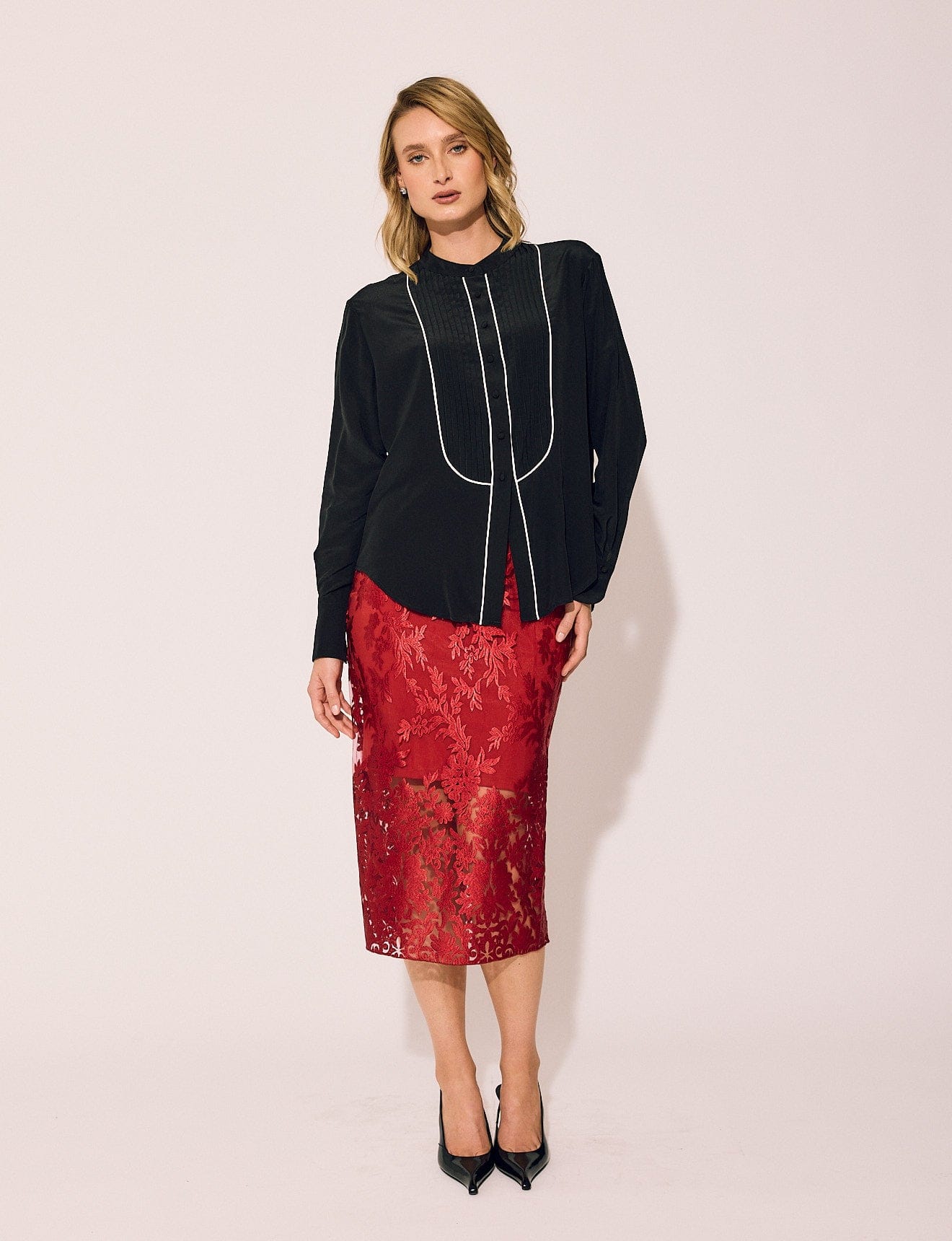 Lindsay Nicholas New York SKIRTS Lace Skirt in Crimson Rose