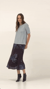 Lindsay Nicholas New York midi Duchess Midi Skirt in Plum Bird Fleur Silk
