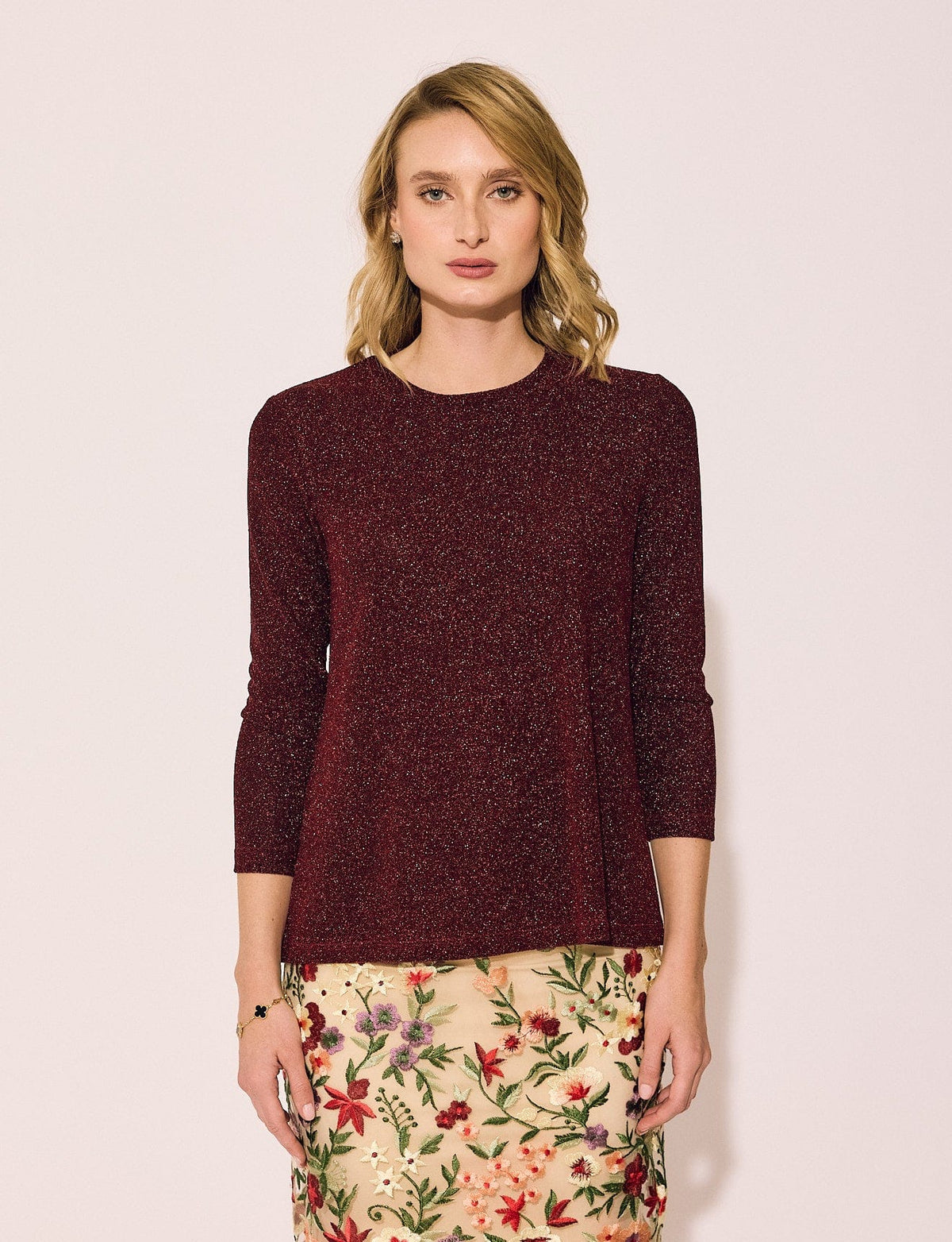 Lindsay Nicholas New York TOP Disco Glitter Bracelet Sleeve Top in Shiraz