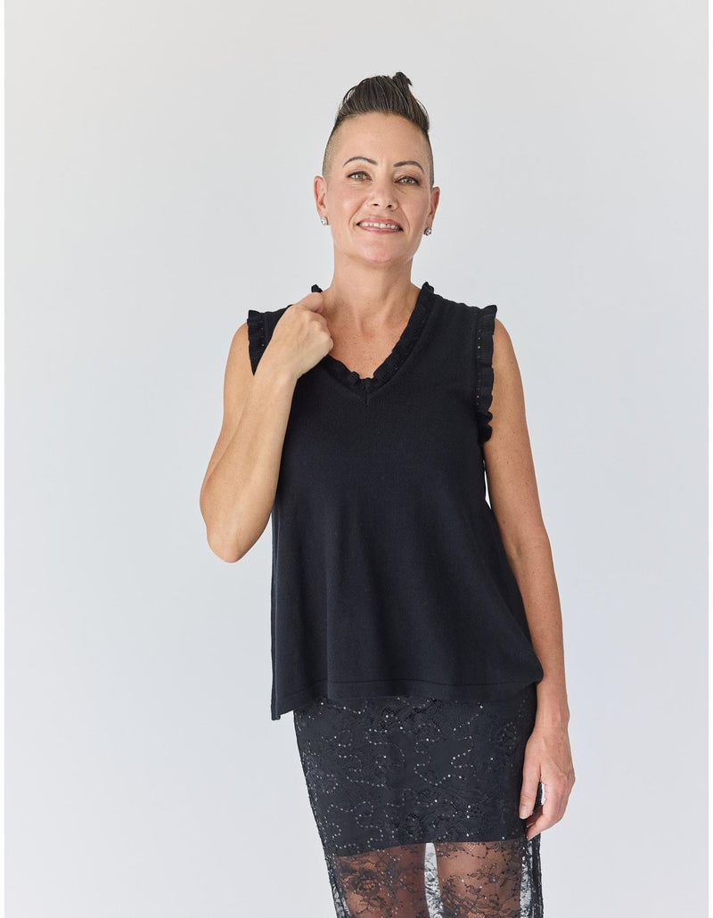 Lindsay Nicholas New York Top Frill V-Neck Shell in Black