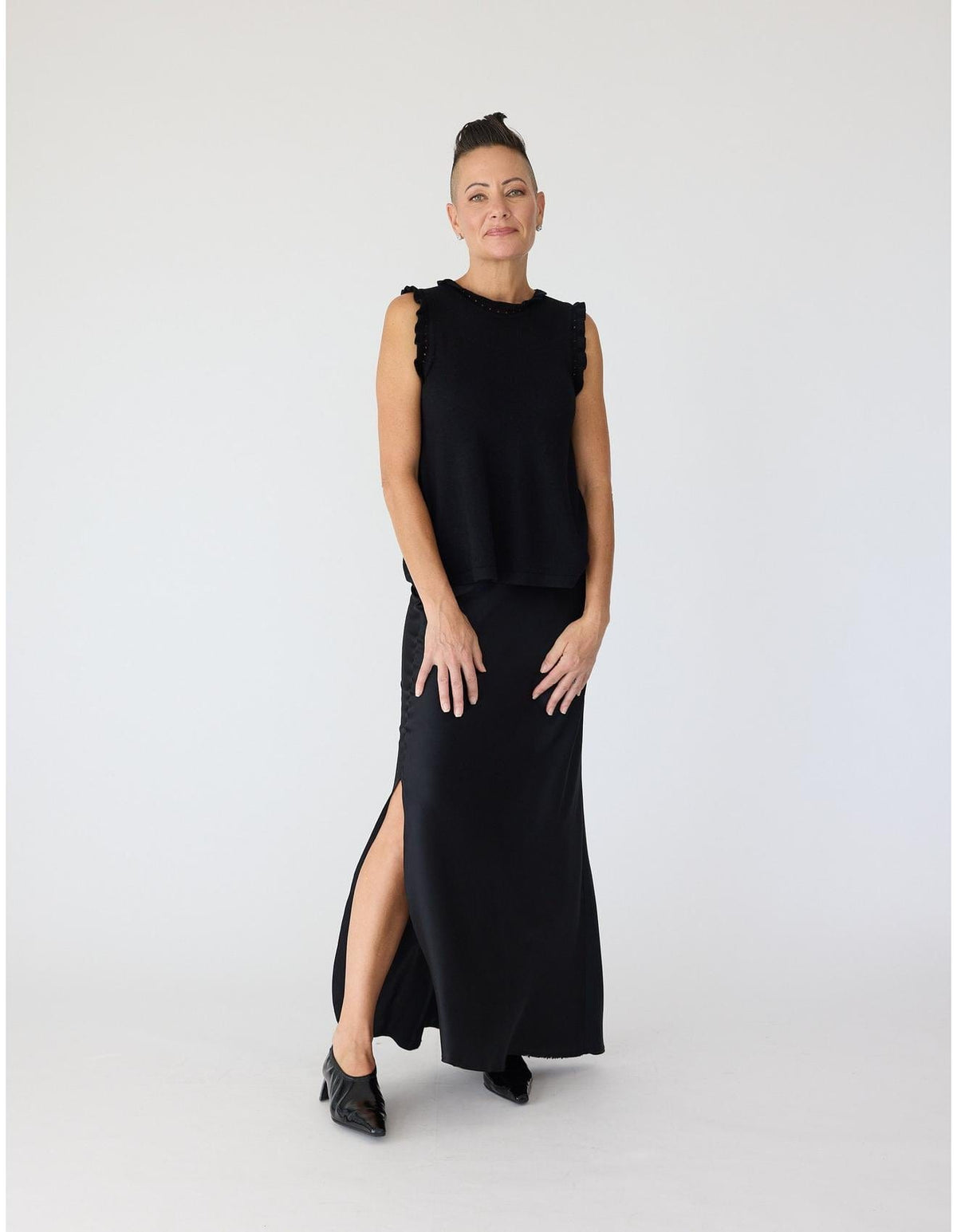 Lindsay Nicholas New York Top Frill Crewneck Shell in Black