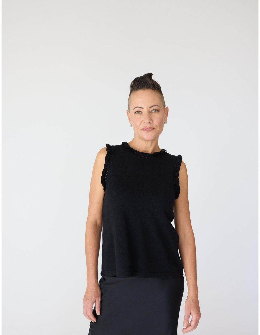 Frill Crewneck Shell in Black | Lindsay Nicholas Designer Top – Lindsay ...