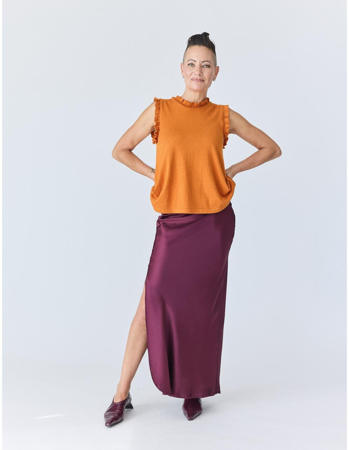 Lindsay Nicholas New York Top Frill Crewneck Shell in Orange