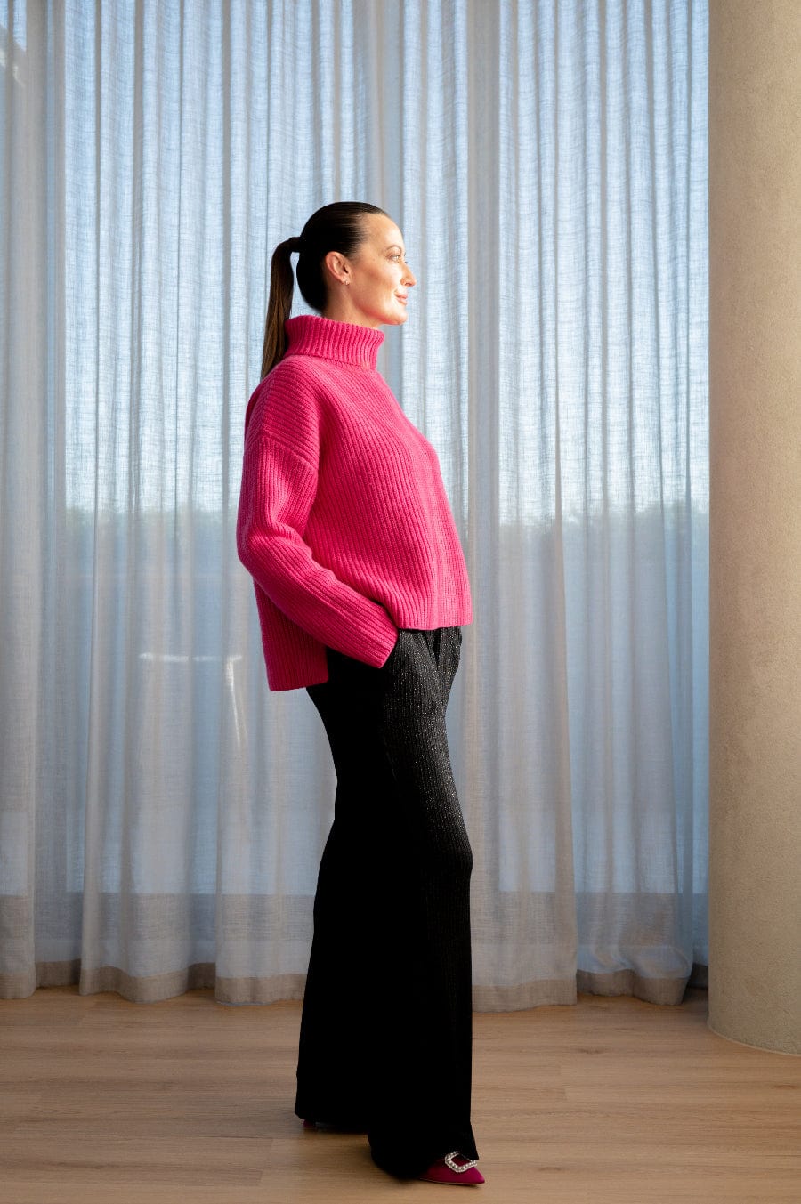 Lindsay Nicholas New York Sweaters Textured Turtleneck in Fuchsia