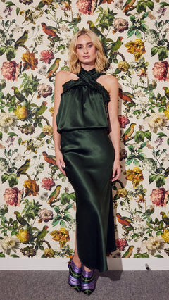Silk Slit Skirt in Olive
