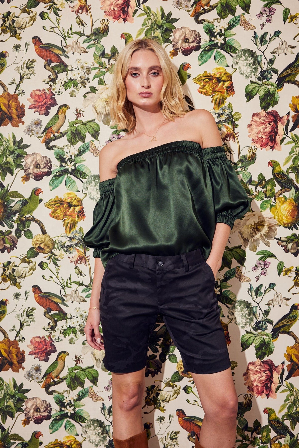 Lindsay Nicholas New York Shirts & Tops Off the Shoulder Top in Olive