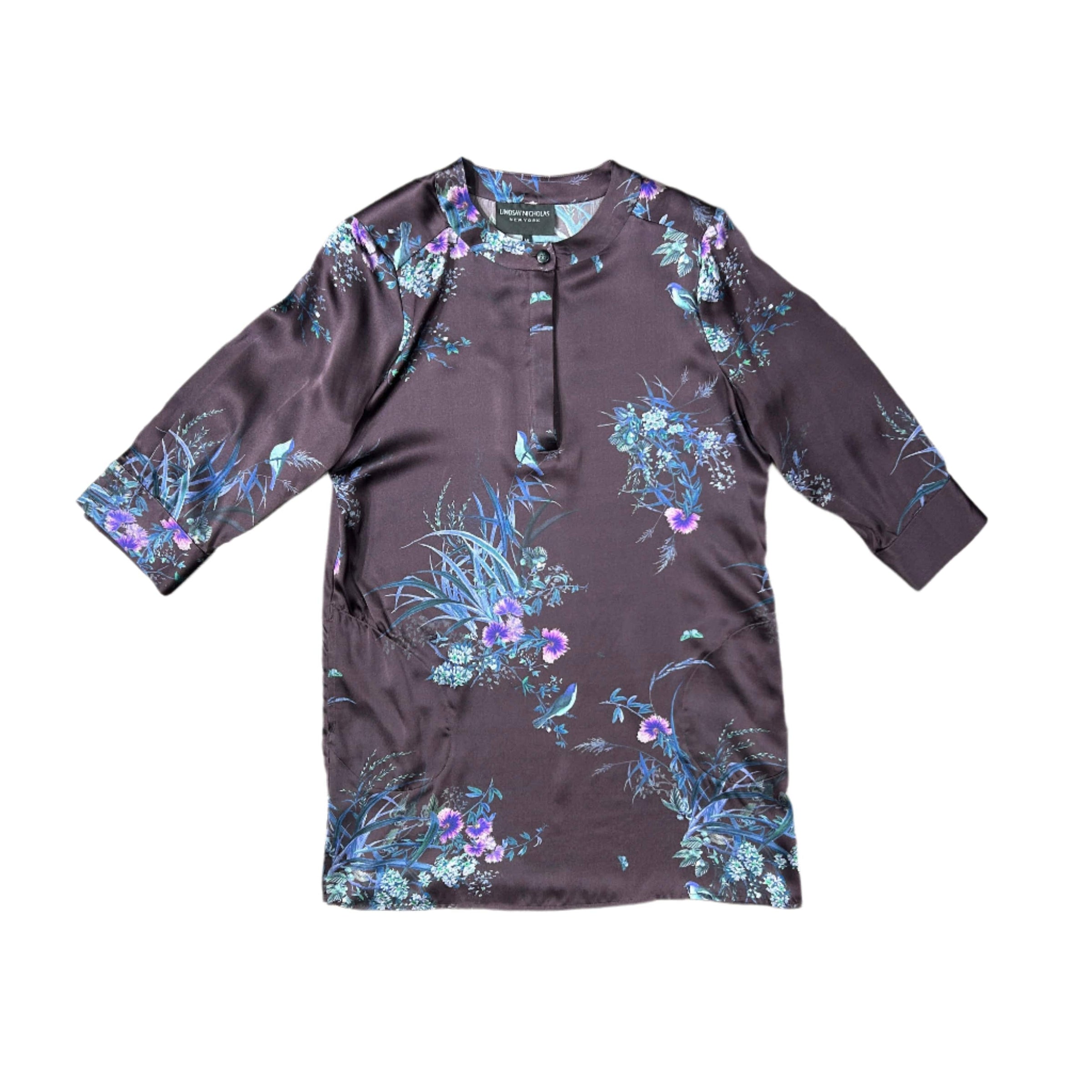 Lindsay Nicholas New York Shirt Dresses Shirt Dress in Plum Bird Fleur Silk Satin
