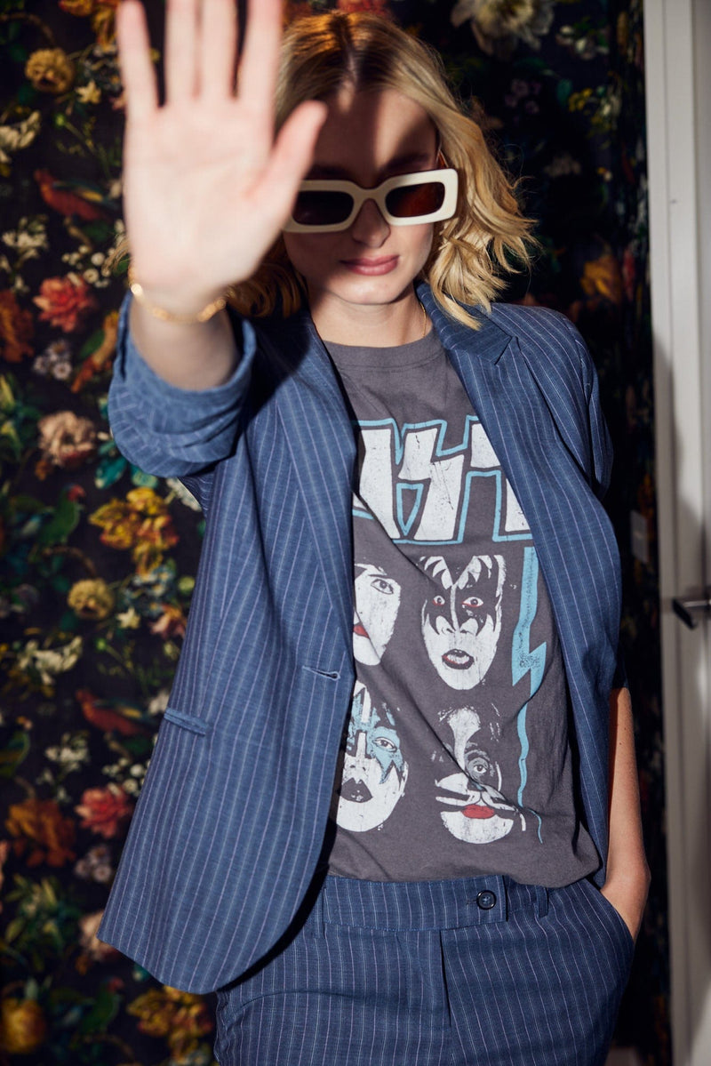 Lindsay Nicholas New York JACKETS Elizabeth Jacket in Steel Blue Pinstripe