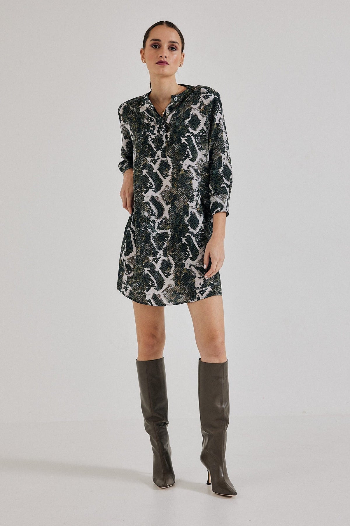 Lindsay Nicholas New York Dresses Shirt Dress in Olive Python Silk