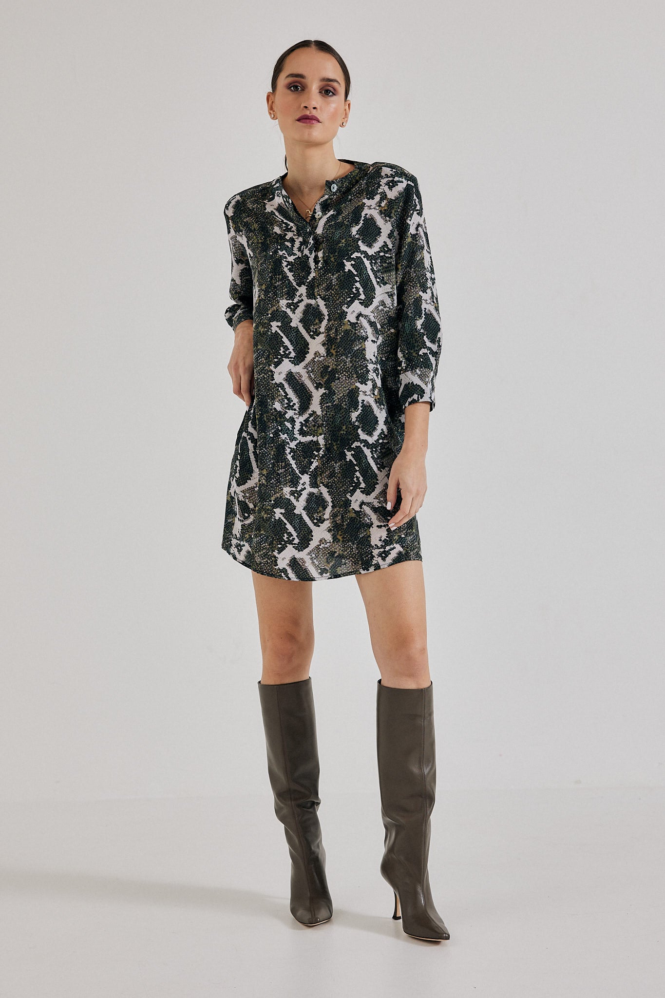 Silk Shirt Dress in Olive Python