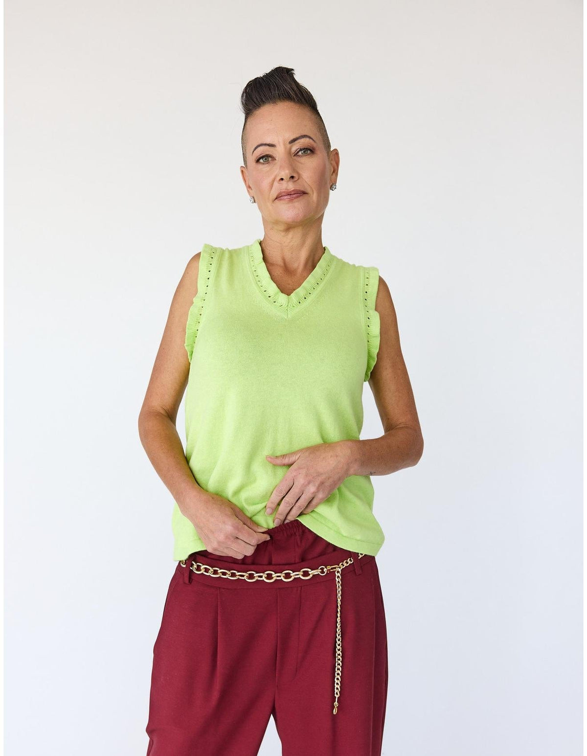 Lindsay Nicholas New York Top Frill V-Neck Shell in Lime