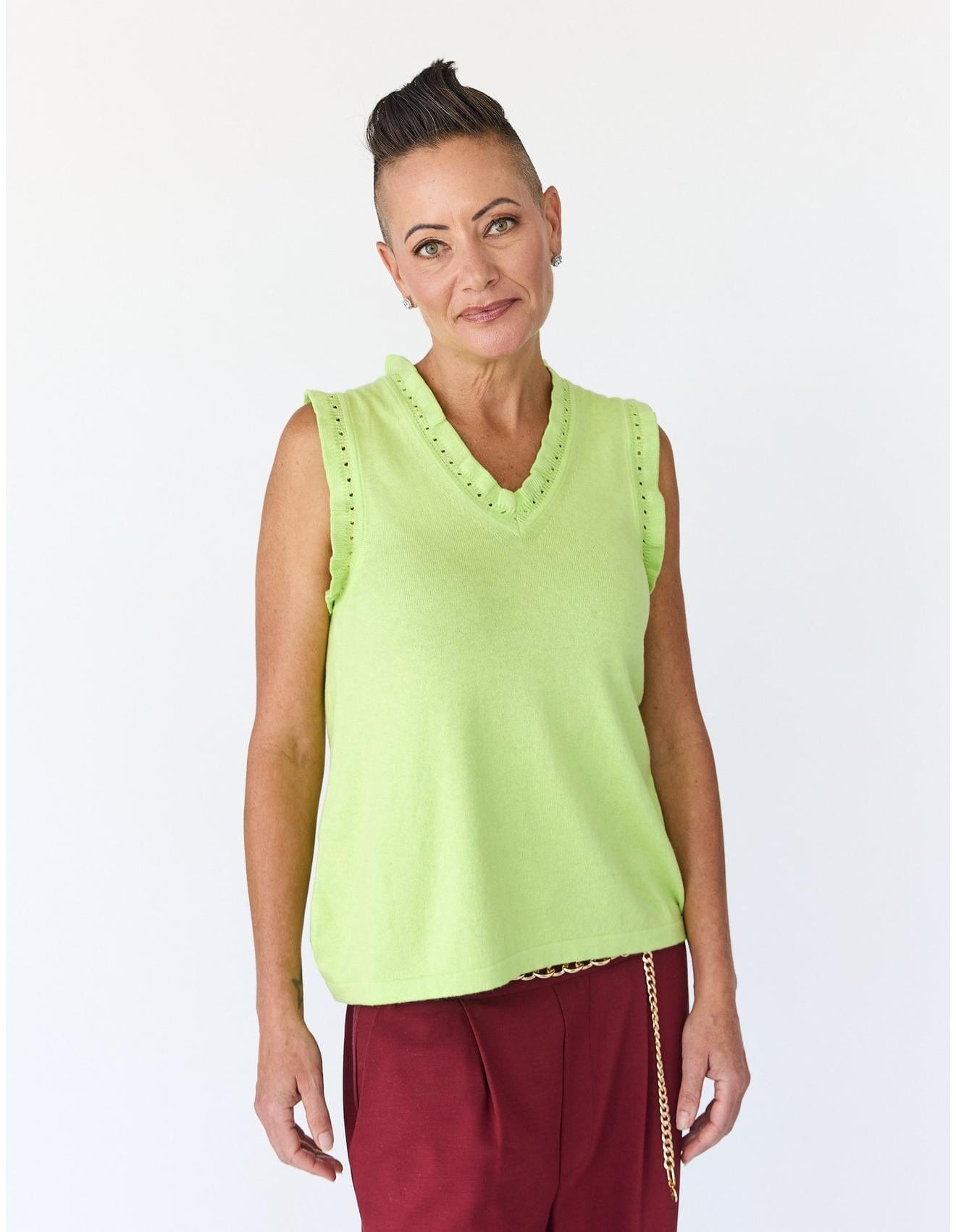 Lindsay Nicholas New York Top Frill V-Neck Shell in Lime