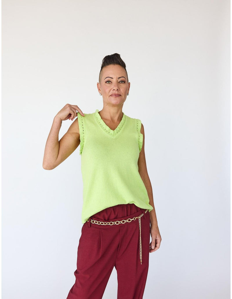 Lindsay Nicholas New York Top Frill V-Neck Shell in Lime