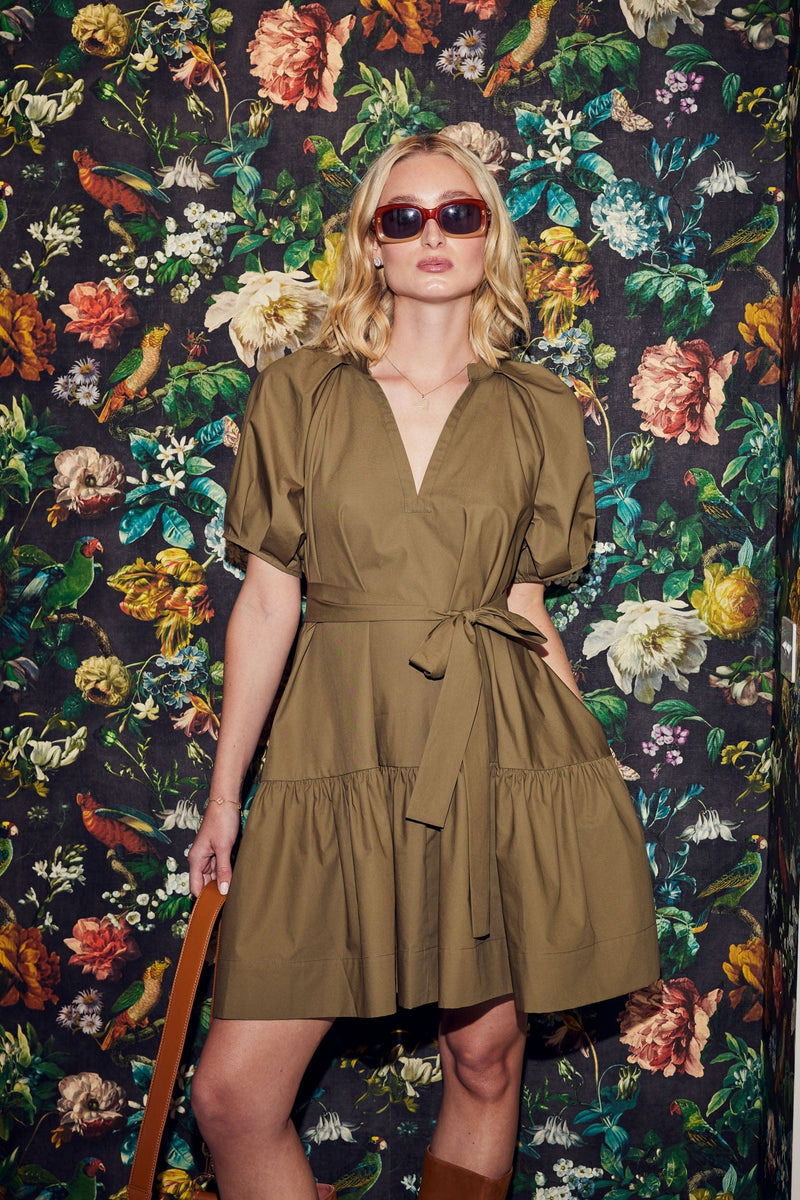 Joan Mini Dress Khaki | Olive Green Tiered Mini Dress M - (8-10) Joan Mini Dress Khaki | Olive Green Tiered Mini Dress M - (8-10)