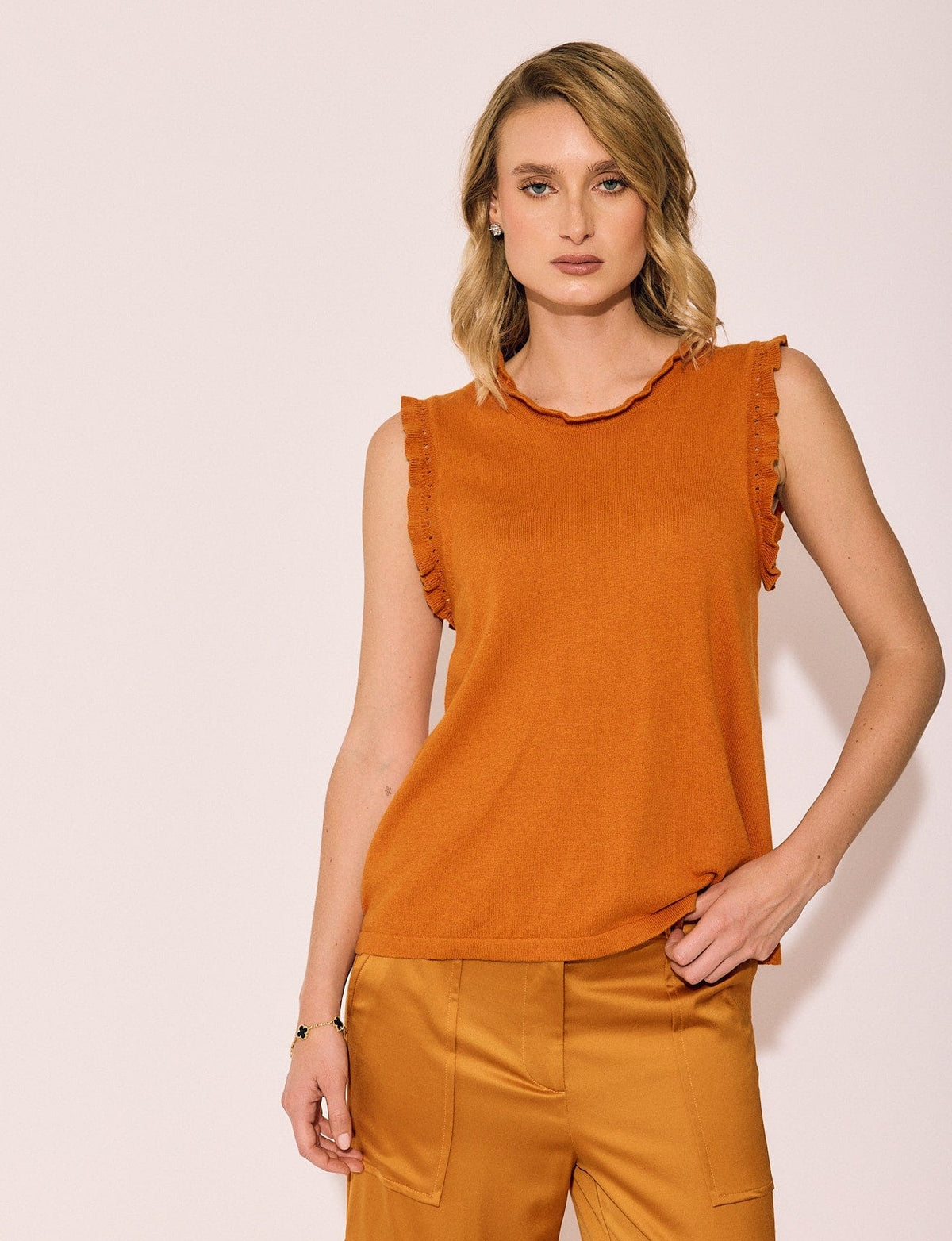 Lindsay Nicholas New York Top Frill Crewneck Shell in Orange