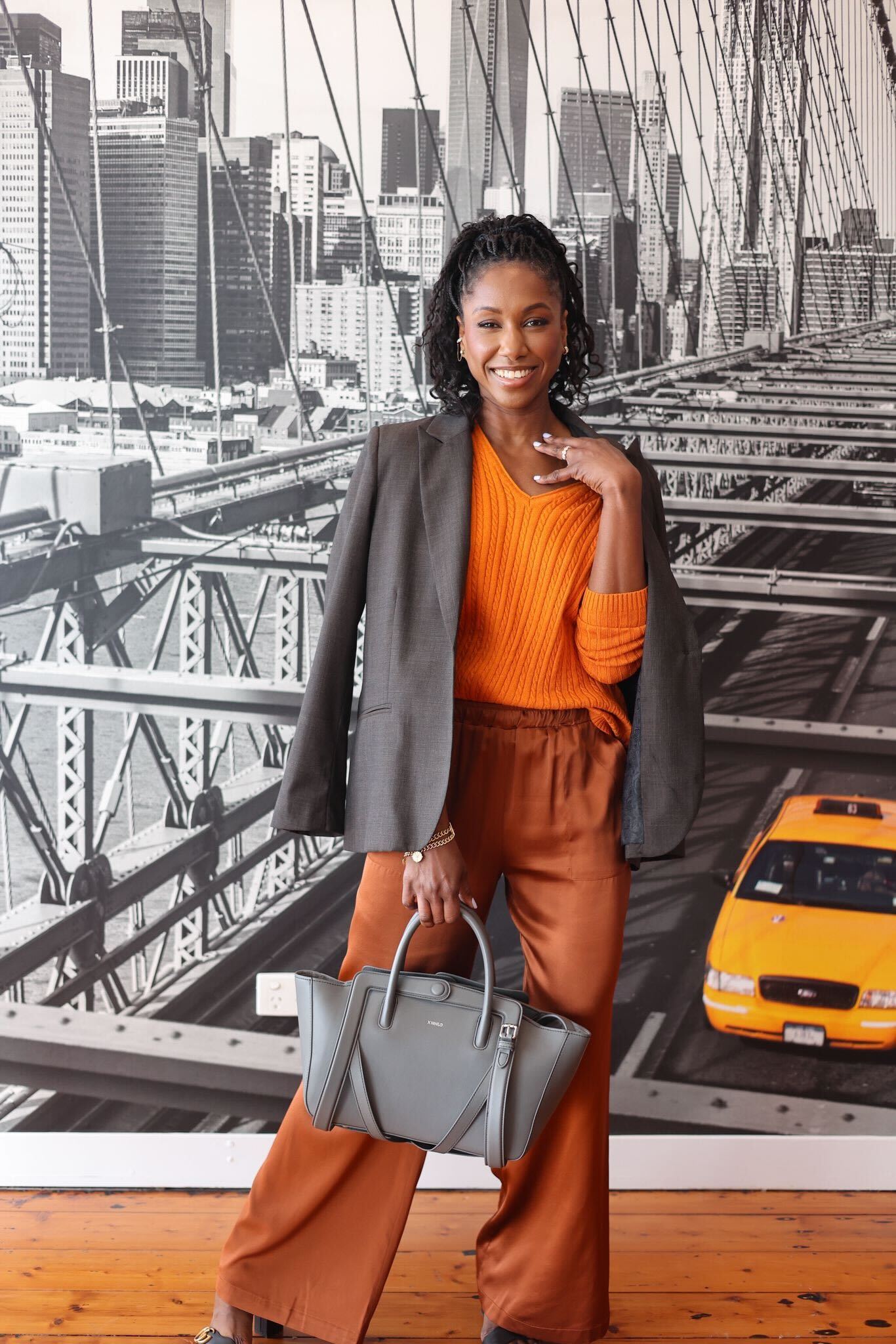 V-Neck Cable Sweater in Orange