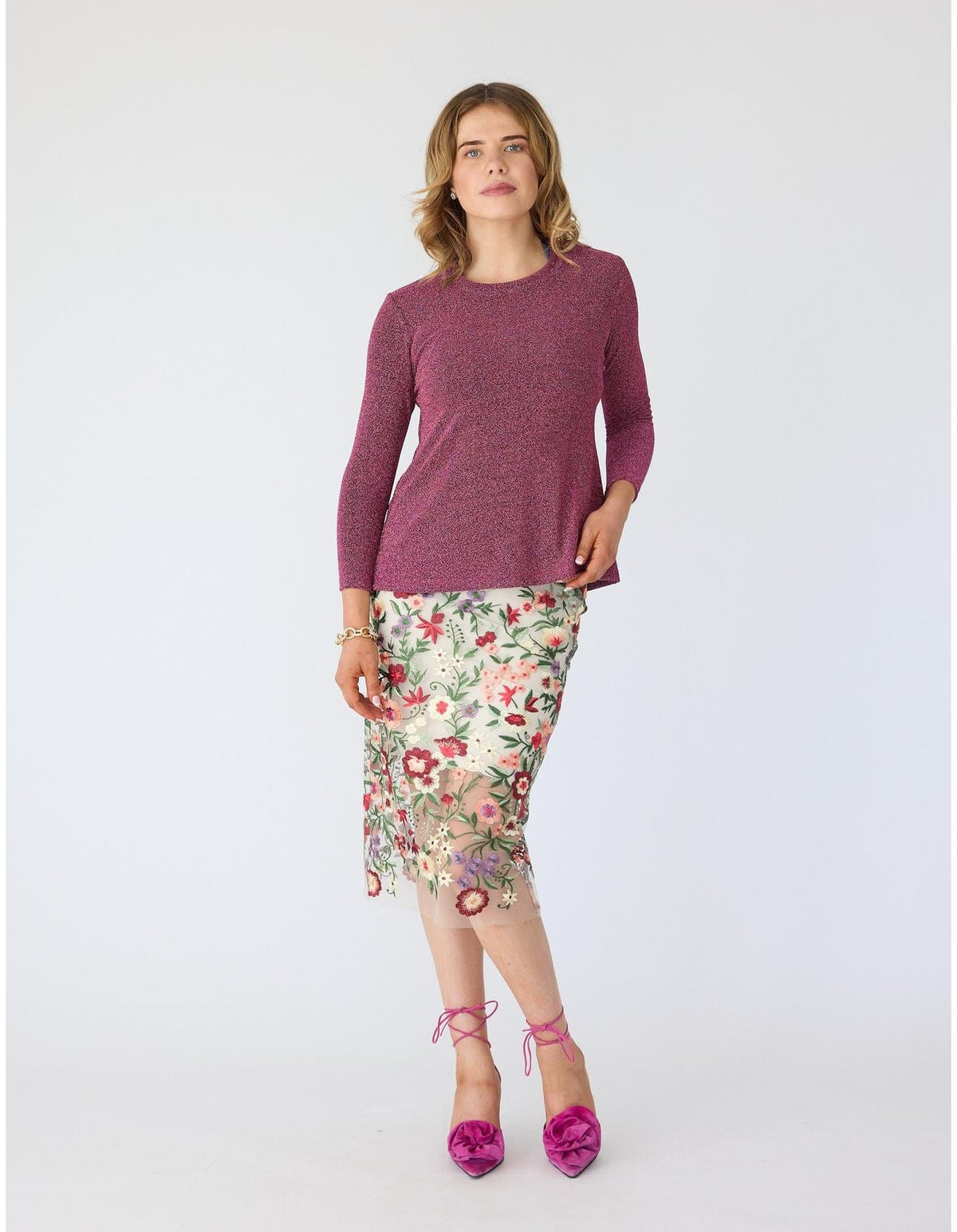 Lindsay Nicholas New York TOP Disco Glitter Bracelet Sleeve Top in Pink