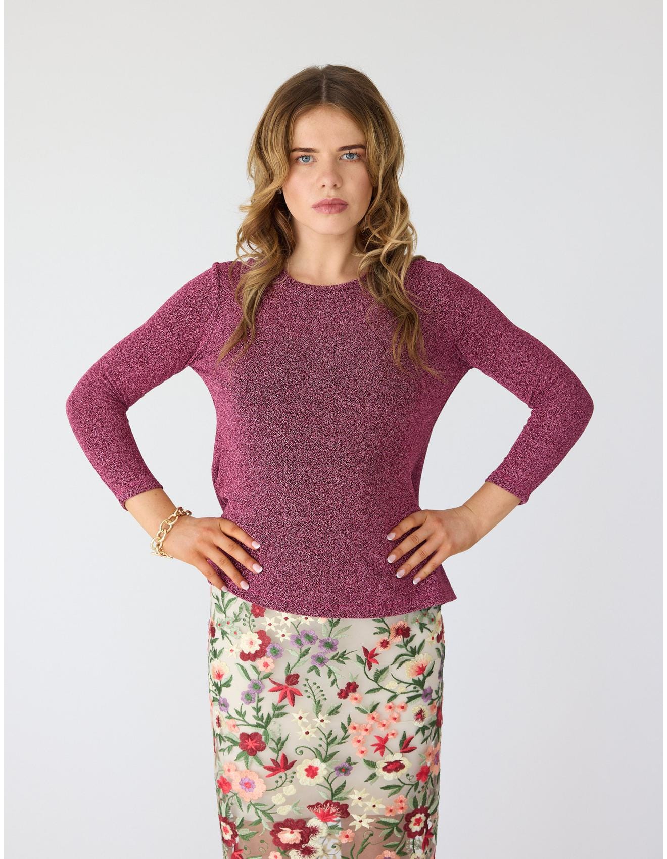 Lindsay Nicholas New York TOP Disco Glitter Bracelet Sleeve Top in Pink