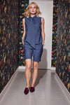 Lindsay Nicholas New York TOP Bow Blouse in Steel Blue Pinstripe