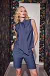 Lindsay Nicholas New York TOP Bow Blouse in Steel Blue Pinstripe