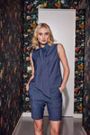 Lindsay Nicholas New York TOP Bow Blouse in Steel Blue Pinstripe