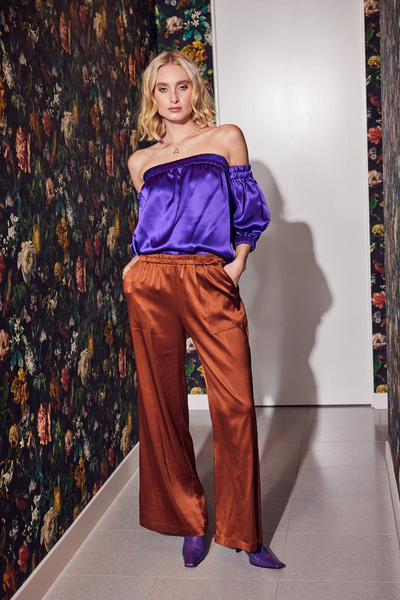 Lindsay Nicholas New York Pants Freya Pant in Cinnamon Silk Satin
