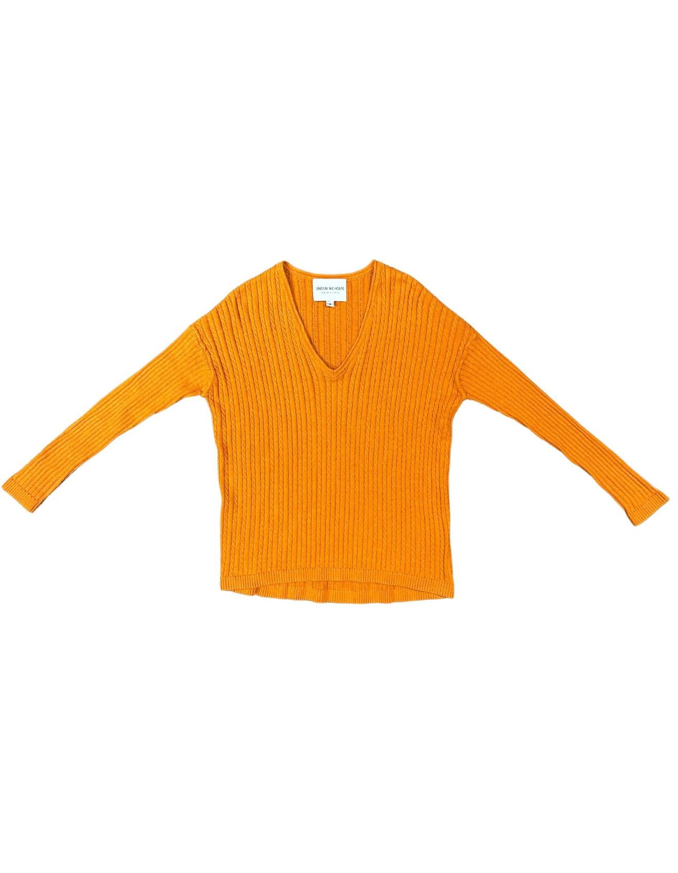 V-Neck Cable Sweater in Orange