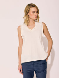 Lindsay Nicholas New York Top Frill V-Neck Shell in Creme