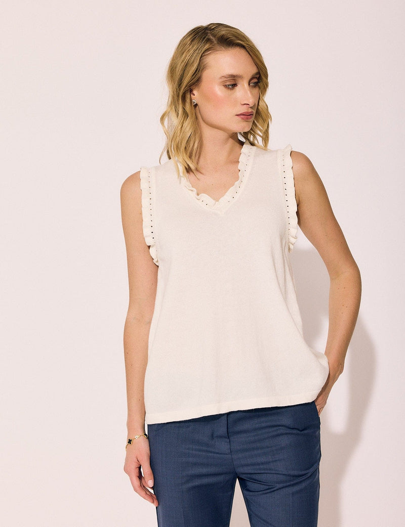 Lindsay Nicholas New York Top Frill V-Neck Shell in Creme