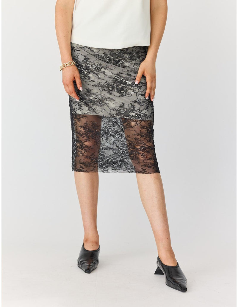 Lindsay Nicholas New York SKIRTS Lace Skirt in Black with Nude Slip