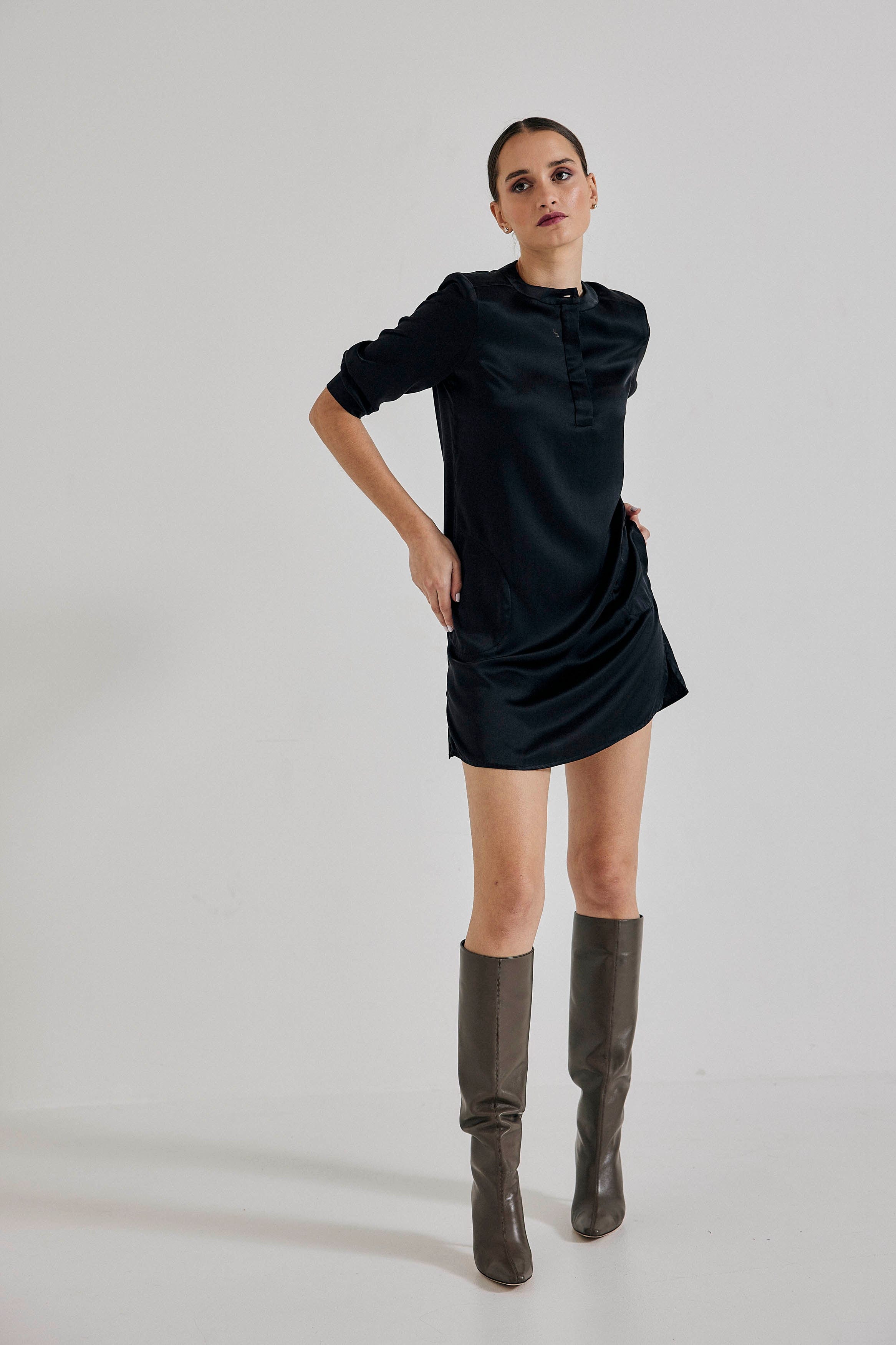 Shirt Dress in Black Silk Satin